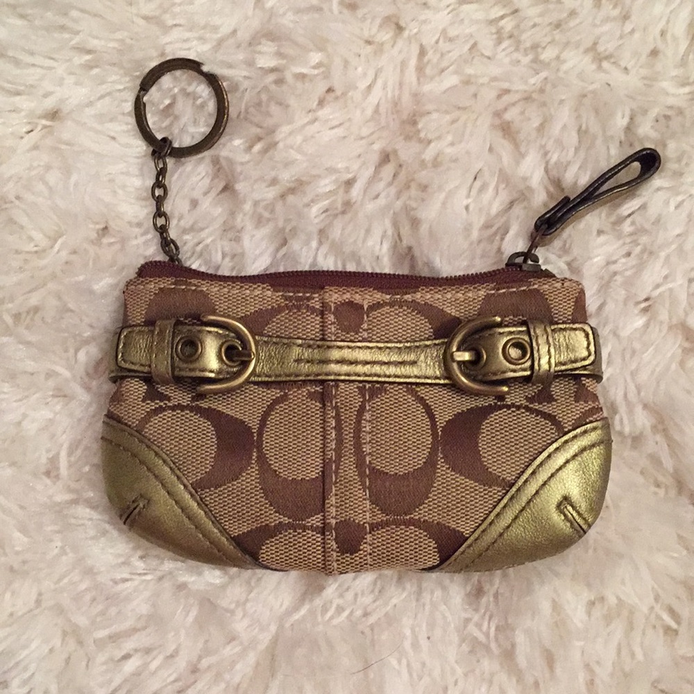 Tan and Gold Coach Card Keychain Zip Case w/“C”